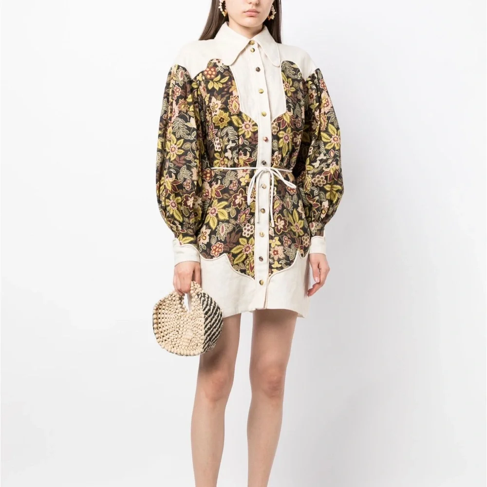 Alemais Floral Puff Sleeve Dress - Cream and Multicolor - Picture 1 of 9
